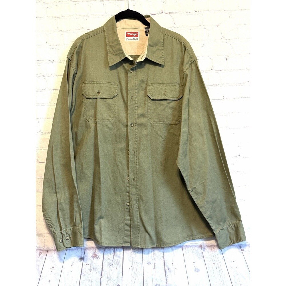 Wrangler Men's XL Olive Green 100% Cotton Twill Work Shirt Button Down Premium